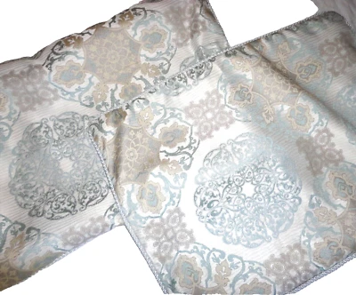 WATERFORD JONET MEDALLION DUST BLUE TAN (2) STANDARD PILLOW SHAMS 20X26 - Image 1 of 4