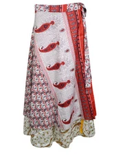 Womens BOHO Long Skirt White Red Paisely Print Magic Wrap Around Skirts One Size