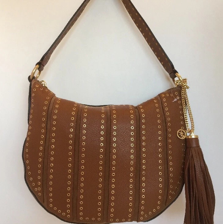 Michael Kors Dark Caramel Brooklyn Grommet Convertible Hobo Crossbody 498
