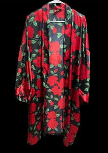 Vintage Solange Satin Silky Black Red Rose Robe Kimono Floral Oversized 22/28 - Picture 1 of 5