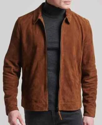 Men's Real Suede Leather Brown Trucker Jacket Classic Shirt Coat - Image 1 of 4