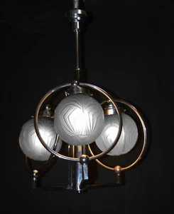 Vintage 1930s Italian art deco chrome plated steel 3-globe shade chandelier - Picture 1 of 20