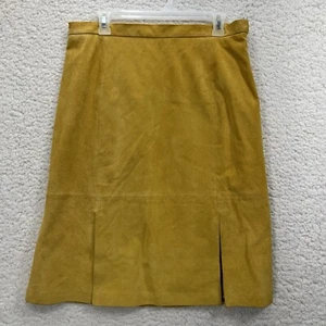 Vintage Terry Lewis Mustard 100% Leather Suede Pencil Skirt Size 14 Stretch Mid - Picture 1 of 7