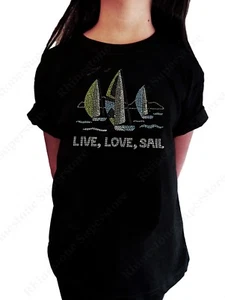 Girls Rhinestone Sailboat T-Shirt " Live, Love, Sail " Size 3 to 14 Available - Picture 1 of 2