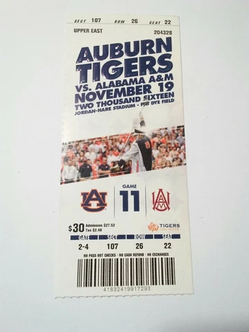 2016 Auburn Tigers Alabama A&M Football Ticket Stub Cover