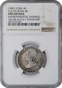 1841 Caribbean Countermark "Lattice with sun" on 1811 Spanish 4 Reales NGC F-Det - Picture 1 of 3