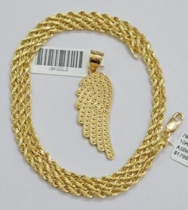 10k Gold Rope Chain Angel Wing Charm Pendant Set 18-28'' Inch 3mm Necklace REAL - Picture 1 of 10