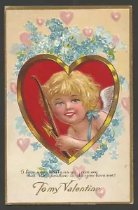 Antique Valentine Postcard - Blonde Cupid in Heart Frame - Embossed Early 1900's - Bild 1 von 2