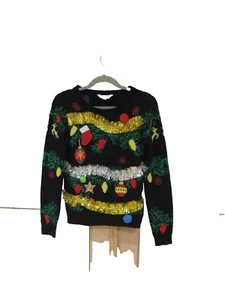 Noboundaries Girls Christmas Sweater Tree S/CH (3-5)  Black Gold Garland - Picture 1 of 3