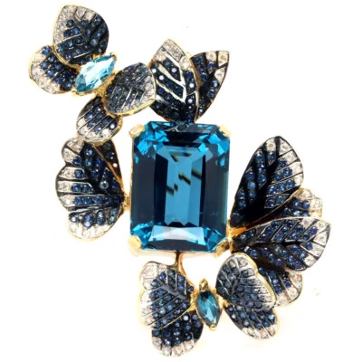 Plata de ley 925 21 x 29 mm. Broche/colgante azul cielo de topacio, zafiro y circón Foto 1 de 4