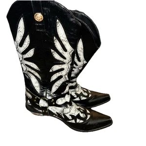 Herren schwarz & weiß Western Cowboystiefel halbhoch zum Überziehen Glitzer Motto Riemen Gr. 10 - Bild 1 von 10