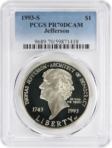 1993-S Jefferson Commemorative Silver Dollar PR70DCAM PCGS - Picture 1 of 2