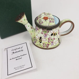 Vintage Kelvin Chen Enamel Watering Can Trinket Box - Bees & Ladybug with COA - Picture 1 of 13