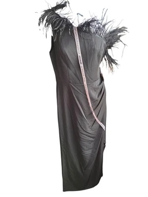 NWT Mac Duggal Black Feather Trim One Shoulder Draped Dress Size 8 - Image 1 of 4