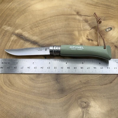 OPINEL INOX No. 06 Green Plain Edge Folding Pocket Knife w/ Leather Strap - Image 1 of 4