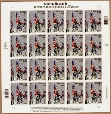 AMERICA RESPONDS, 9/11 9-11 HEROES of 2001, Firefighters MNH Sheet 20 Stamps #B2 - Image 1 of 2