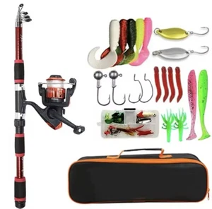Telescopic (Red) Fishing Rod & spinning Reel set w/baits, hooks, and bag - Picture 1 of 17