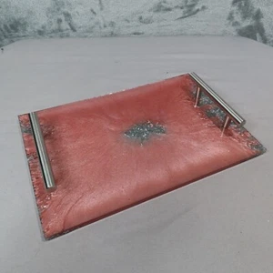 Handmade Serving Tray Handles Pink Silver Glitter Resin OOAK Vanity Home Decor - Picture 1 of 9