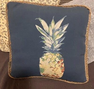 ALLEN ROTH Blue Pineapple In/OutDoor Decor Throw Pillow Jute Trim 15 X 15” - Image 1 of 4