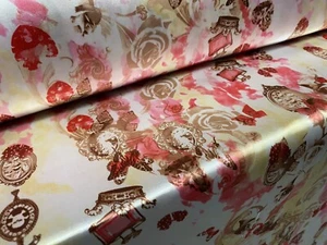 Printed Stretch Satin Fabric, Per Metre - Steampunk Skulls & Roses Print - Picture 1 of 4
