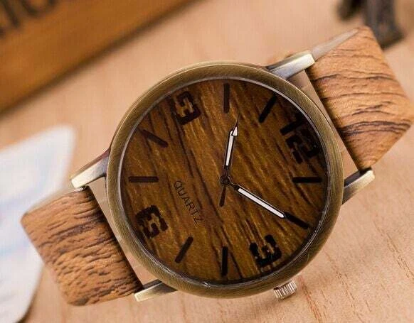 Vintage Wood Grain Watch - Fashion Quartz Watch Faux Leather Unisex - Image 1 of 1