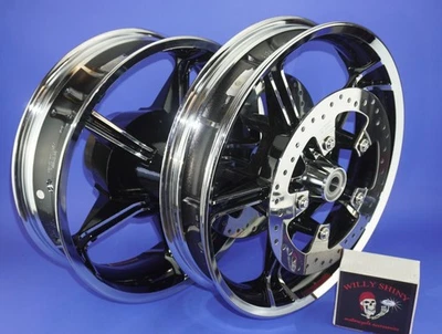 RUEDAS HARLEY TOMAHAWK ROTORES Y ESPACIADORES DE RUEDA CONTRASTE ABSOLUTO CROMO Y NEGRO Foto 1 de 4