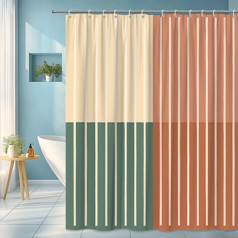 Cortina de ducha moderna a rayas en colores beige, verde y óxido Foto 1 de 4