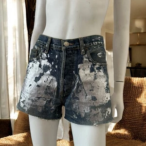 Vintage 90s Levi’s 501 Blue Denim Shorts Silver Paint Splatter Frayed Cut Off M - Picture 1 of 24
