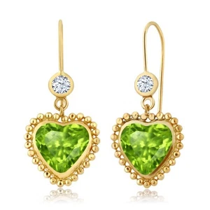 3.28 Ct Heart Shape Green Peridot White Topaz 14K Yellow Gold Earrings - Picture 1 of 1