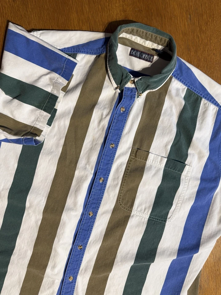 Винтажная бокс-офисная рубашка 3XL смелая полоса саржа джинсовый вид кнопка спереди 90-е винтажная - Изображение 1 из 4