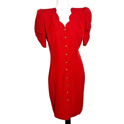 Vestido de Fiesta Rojo All That Jazz Años 80 De Colección Manga Abullonada Cuello Festoneado Botón M/L Foto 1 de 4