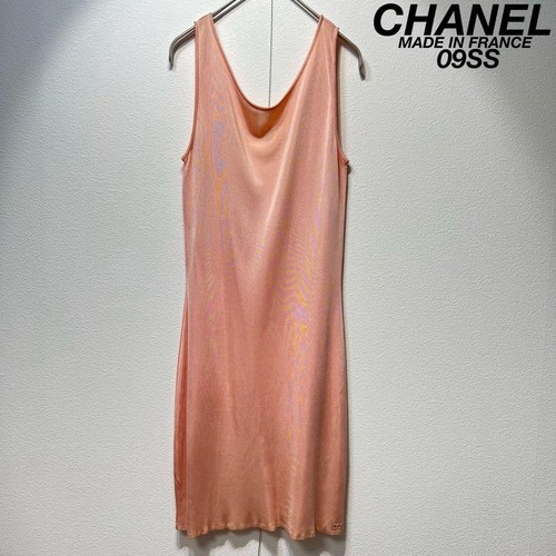 Autentico abito CHANEL Coco Mark design senza maniche seta rosa taglia 38 donna