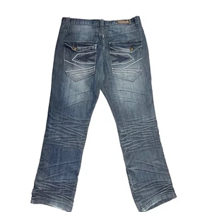 INDIGO 30 Men's Dark Denim Whiskered Jeans 36x34 Flaps Embroidery Bootcut EUC - Picture 1 of 17