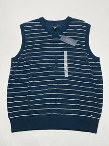 NWT Tommy Hilfiger Sweater Vest Blue White Striped Mens L Preppy Old Money Layer - Picture 1 of 11