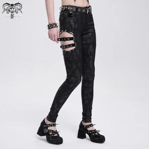 Devil Fashion Women Black Gothic Punk Skull Rivet Cutout Buckle Skinny Pants - Picture 1 of 23