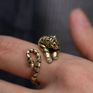 Fierce Tiger Adjustable Opening Ring Men And Women Vintage Animal Jewelry Gift - Picture 1 of 10
