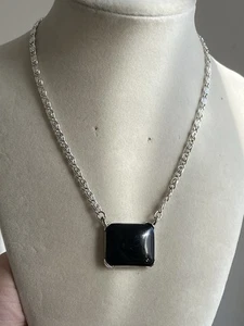 Silver Tone Flat Scroll Chain Necklace with Black Glass Bead Square Pendant 19” - Picture 1 of 5