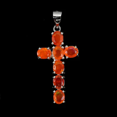 Pendente In Argento Sterling 925 Ovale Con Opale Arancione 5x4mm Croce Gioiello - Immagine 1 di 4