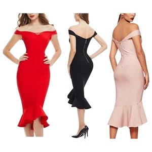 Runway Rendezvous Ruffle Hem Off Shoulder Glam Celebrity Mermaid Bandage Dress - Picture 1 of 16