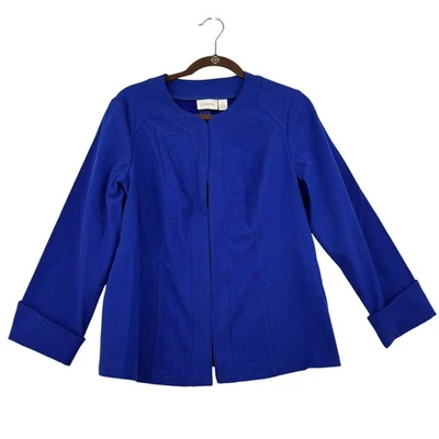 Chico's Blazer Jacket Size M Blue Textured Stretch Hook and Eye Closures - Image 1 of 4