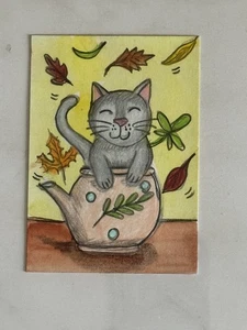 Aceo Original Art Trading Card, Autumn/Fall Tea time, cat, Art By Sommer Rayn - Picture 1 of 3