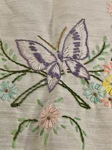 Vintage Hand Embroidered Table Runner 34x11 Butterfly on White Cotton No Stains - Picture 1 of 16