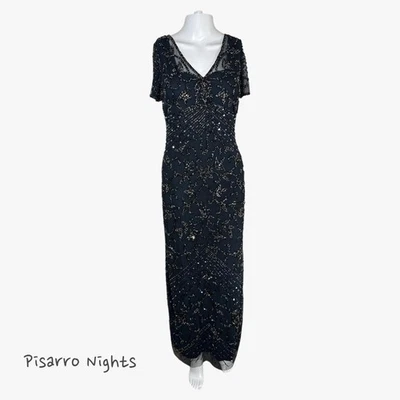 Pisarro Nights Beaded Mesh Column Gown in Cosmic Navy Size 4 - Изображение 1 из 4
