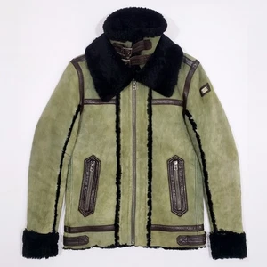 Diesel LENCANG Shearling Leather Jacket Green Large SheepSkin Coat POOR CONDITIO - Picture 1 of 16