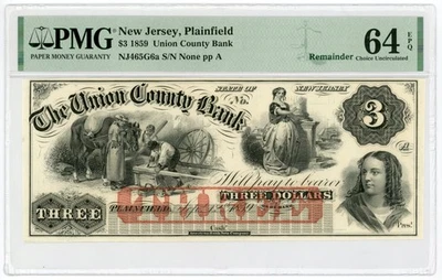 1800's $3 The Union County Bank - Plainfield, NEW JERSEY Note PMG CU 64 EPQ - Image 1 of 2