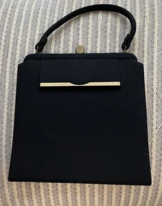 Vintage Lewis Handbag Black Square Clasp Purse Felted Wool Mirror Comb 50s 60s - Picture 1 of 18
