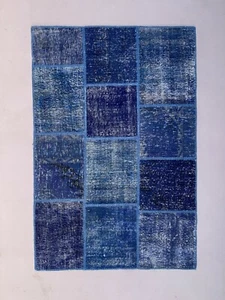 Alfombra de retazos turca en dificultades 183x123 cm vintage en mal estado azul tribal mediana - Imagen 1 de 11