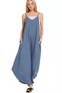 Zenana Spaghetti Strap Wide Leg Overalls with Pockets - Picture 1 of 4