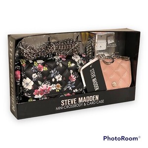 Steve Madden Crossbody Bag Purse Card Holder Case Keychain Gift Set Black Floral