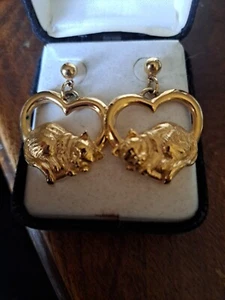 Vintage Goldton 1992 90er Jahre Avon Katzenherz hängende Ohrringe Damen Ohrringe Kätzchen - Bild 1 von 4